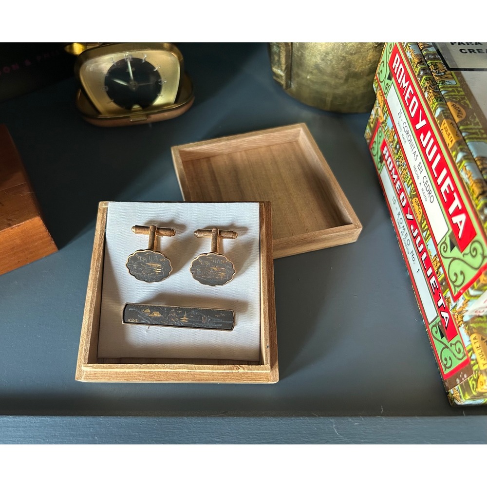 VTG Damascene 24K Gold Inlay‎ Cufflinks and Tie Bar Set Japanese Landscape Box
